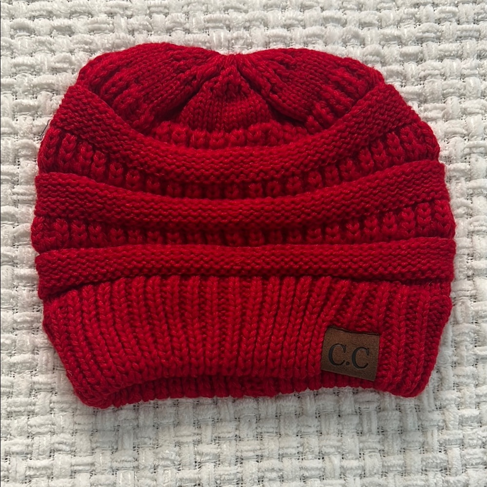 C.C Soft Stretch Red Knit Beanie w/ Ponytail Hole